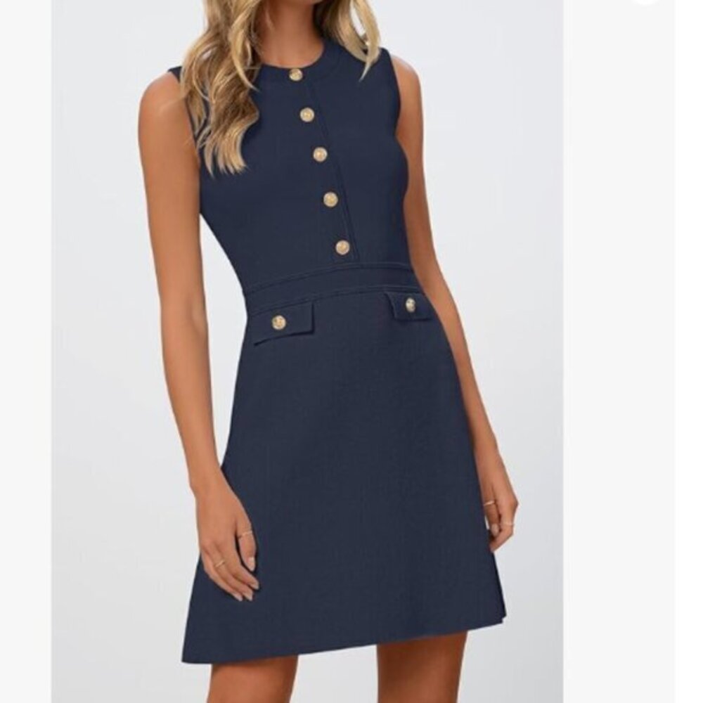 MEROKEETY Navy Sleeveless Button Detail Fit Knit Dress Size M NWT
